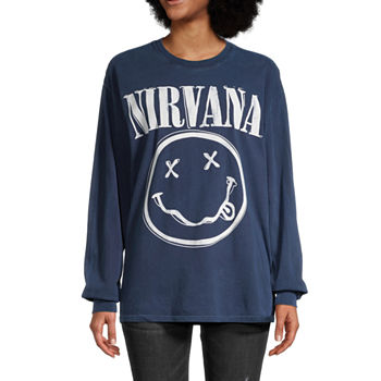 Juniors Nirvana Oversized Womens Crew Neck Long Sleeve Graphic T-Shirt