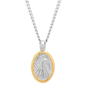 Mens Stainless Steel Divine Mercy Medallion Oval Pendant Necklace