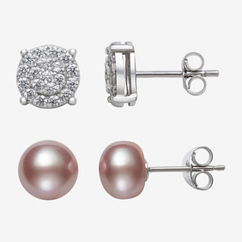 LIMITED TIME SPECIAL!  2 Pair Earring Sets With Lab Created White Sapphire and Pink Cultured Freshwater Pearl Stud Earrings in Sterling Silver