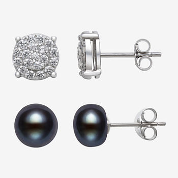 LIMITED TIME SPECIAL! 2 Pair Earring Set With Lab Created White Sapphire and Black Cultured Freshwater Pearl Stud Earrings in Sterling Silver