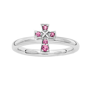 Personally Stackable Genuine Pink Tourmaline Sterling Silver Cross Ring