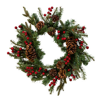 Kurt Adler Battery-Operated Red Berry Pinecone Led Wreath