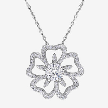 Womens Lab Created White Moissanite Sterling Silver Flower Pendant Necklace