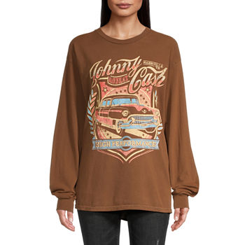 Juniors Johnny Cash Oversized Womens Crew Neck Long Sleeve Graphic T-Shirt