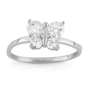 Girls White Cubic Zirconia Sterling Silver Butterfly Delicate Cocktail Ring