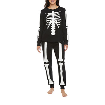 Womens Plus Halloween Skeleton Long Sleeve 2-pc. Pant Pajama Set