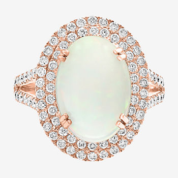 Effy  Womens 1 CT. T.W. Diamond & Genuine White Opal 14K Rose Gold Oval Cocktail Ring