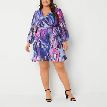 Melonie T Plus Long Sleeve Abstract Fit + Flare Dress