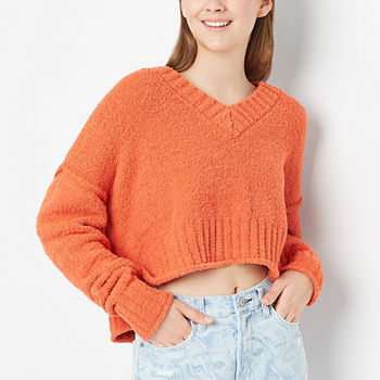 Arizona Juniors Crop Womens V Neck Long Sleeve Pullover Sweater