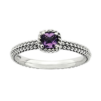 Personally Stackable Checker-Cut Genuine Amethyst Ring