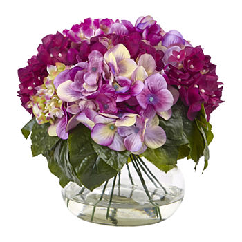 Nearly Natural Multi-Tone Beauty Hydrangea With Round Glass Vase Artificial Flowers