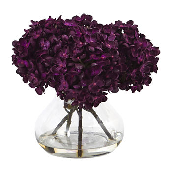 Nearly Natural 8.5"H Hydrangea Silk Flower Arrangement With Glass Vase Artificial Flowers