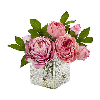 Nearly Natural Peony In Glass Vase Artificial Flowers