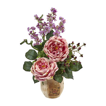 Nearly Natural Pink Large Rose And Dancing Daisy In Wooden Pot Artificial Flowers