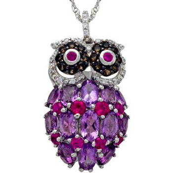 Sterling Silver Multi-Gemstone Owl Pendant Necklace