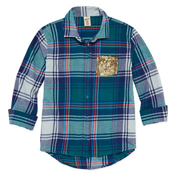 Arizona Long Sleeve Sequin Pocket Flannel Shirt – Girls’ 7-16 and Plus