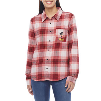 Mickey Mouse Embroidered Juniors Womens Flannel Shirt