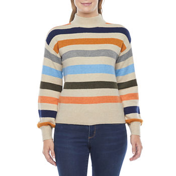 St. John's Bay Womens Mock Neck Long Sleeve Striped Pullover Sweater