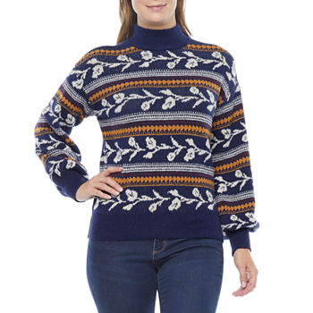 St. John's Bay Womens Mock Neck Long Sleeve Jacquard Pullover Sweater