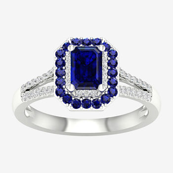 Womens Genuine Blue Sapphire 10K White Gold Halo Cocktail Ring
