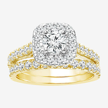 Womens 2 CT. T.W. Lab Grown White Diamond 10K Gold Cushion Side Stone Halo Bridal Set