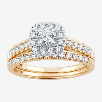 Womens 1 CT. T.W. Lab Grown White Diamond 10K Rose Gold Cushion Side Stone Halo Bridal Set