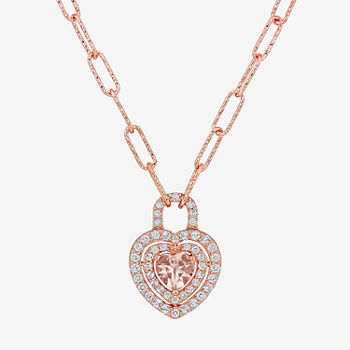 Womens Genuine Pink Morganite 18K Rose Gold Over Silver Heart Paperclip Pendant Necklace