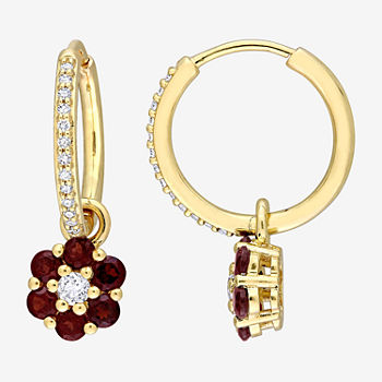 Genuine Red Garnet 10K Gold Flower Drop Earrings