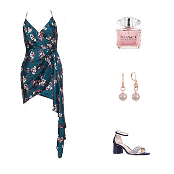 Floral Season: Side-Rouched Floral Dress, Drop Earrings & Heeled Sandals