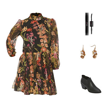 Floral Flare: Long-Sleeve Floral Fit-&-Flare Dress, Mixit Drop Earrings & a.n.a Block-Heeled Booties