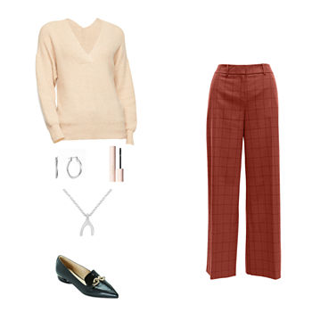 Pretty & Polished: V-Neck Pullover, Side-Slit Trousers & Liz Claiborne Loafers