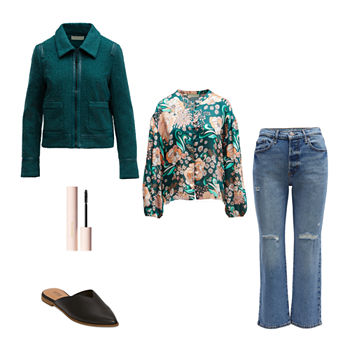 Uptown Girl: Boucle Jacket, Peasant Top, High-Rise Straight-Leg Jeans & a.n.a Mules
