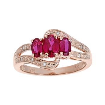 Lab-Created Ruby and Genuine White Topaz Rose-Tone Sterling Silver 3-Stone Ring