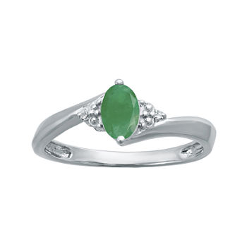 Genuine Emerald and Diamond-Accent Sterling Silver Oval Ring