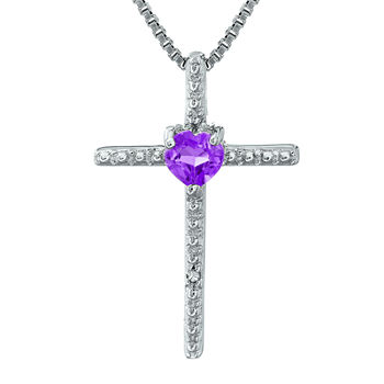 Genuine Amethyst and Diamond-Accent Sterling Silver Cross and Heart Pendant Necklace