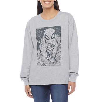 Juniors Womens Crew Neck Long Sleeve Marvel Spiderman Graphic T-Shirt