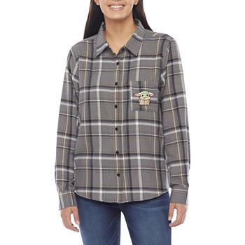 Baby Yoda Embroidered Juniors Womens Flannel Shirt