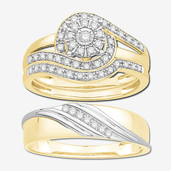 3PC Trio Set Featuring 3/8 CT. T.W. Diamond 10K Two Tone Womens Size 7 Bridal Set and Mens Size 10.5 Band