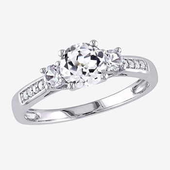 Modern Bride Gemstone Womens Diamond Accent Lab Created White Sapphire 10K White Gold Round 3-Stone Engagement Ring