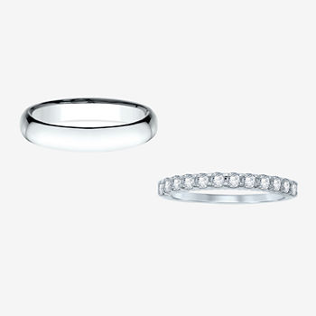 4MM 14K White Gold Wedding Band and 1/2 CT. T.W. Diamond 14K White Gold Band Couples Wedding Ring Set