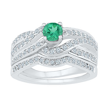 Modern Bride Gemstone Lab Created Emerald & Lab Created Sapphire Sterling Silver Bridal Set