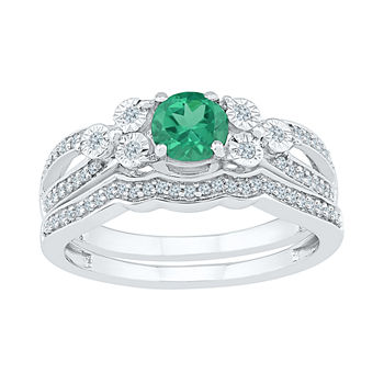 Modern Bride Gemstone Lab Created Emerald & 1/5 CT. T.W. Diamond Sterling Silver Bridal Set