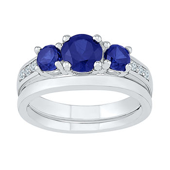 Modern Bride Gemstone Womens Blue & White Lab Created Sapphire Sterling Silver Bridal Set