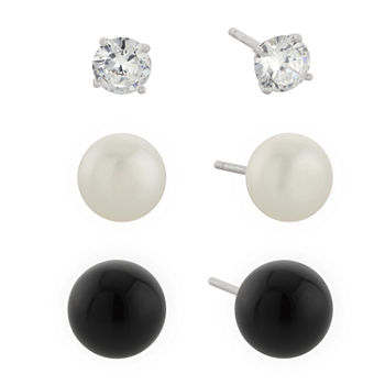 Silver Treasures 3 Pair Cultured Freshwater Pearl Onyx Earring Set
