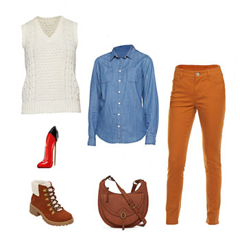Collegiate Charm: St. John's Bay Cable Sweater Vest, Classic Shirt, Skinny Jeans & Lace-Up Boots