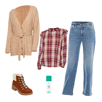 Lovely in Layers: St. John's Bay Tie Cardigan, Ruffle Blouse, Wide-Leg Jeans & Lace-Up Boots