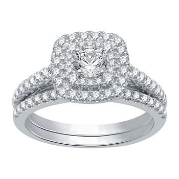 Ever Star Womens 1 CT. T.W. Lab Grown White Diamond 10K White Gold Cushion Side Stone Halo Bridal Set