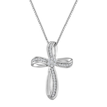 Diamond Blossom Womens 1/10 CT. T.W. Genuine White Diamond Sterling Silver Cross Pendant Necklace