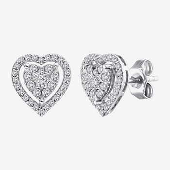 1/2 CT. T.W. Genuine White Diamond 14K White Gold 9.5mm Heart Stud Earrings