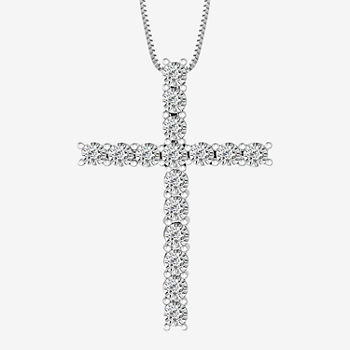Womens 1/7 CT. T.W. Genuine White Diamond 10K White Gold Cross Pendant Necklace